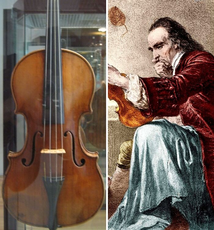 Rare antique violin displayed in a glass case alongside an illustration of a historical musician with a violin.