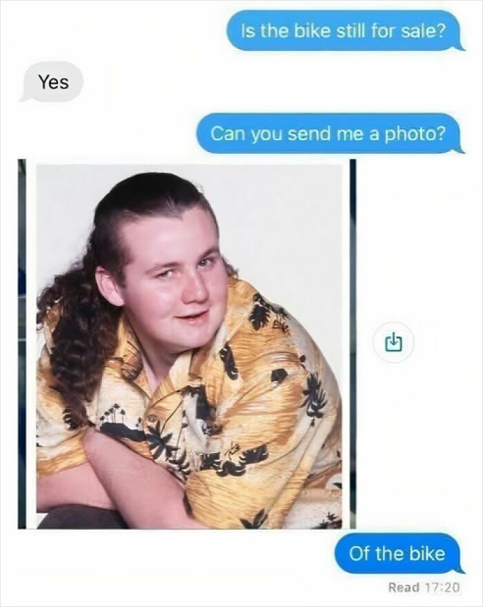 Text conversation with a humorous photo reply, capturing nostalgic posts that reflect growing up in the ’90s.