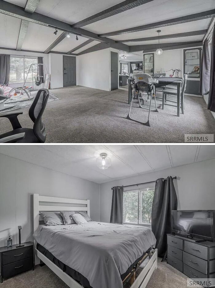 Spacious real estate listing with gray tones, dated decor, and mismatched furniture showing lack of taste in home design.