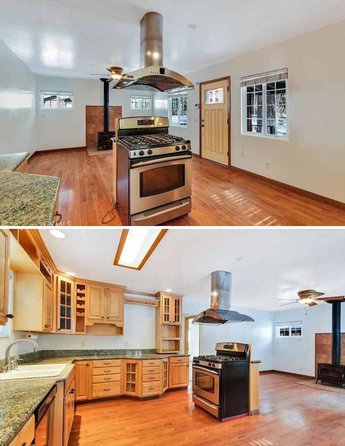 Kitchen with stainless steel stove island and wood cabinets in an unhinged real estate listing highlighting poor taste choices.