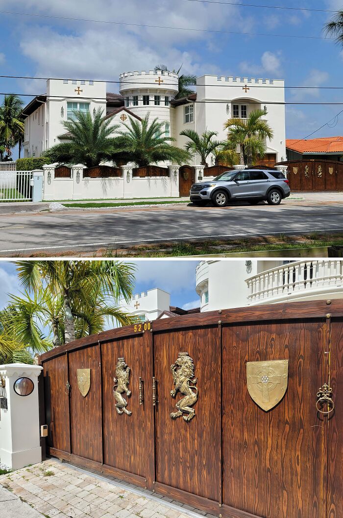 Exterior and ornate wooden gate of a castle-style mansion highlighting unhinged real estate listing features.