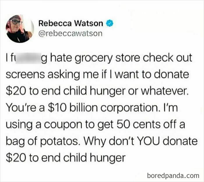 Tweet from Rebecca Watson humorously criticizing grocery store checkout donation screens about child hunger and corporate responsibility.