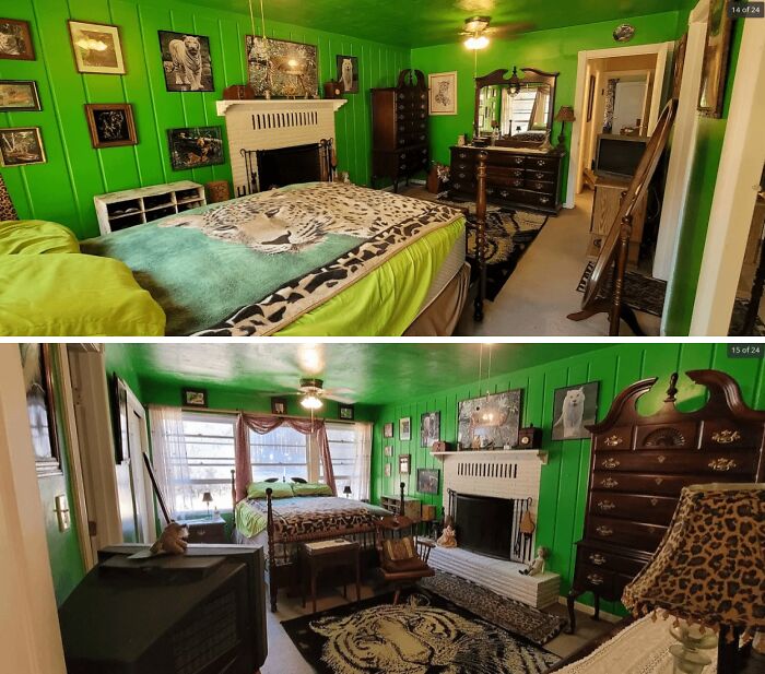 Bedroom with bright green walls, animal print decor, and vintage furniture featured in unhinged real estate listings.