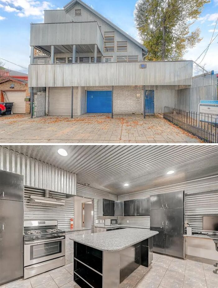 Unusual real estate listing featuring a corrugated metal exterior and an industrial-style kitchen interior with metal walls.