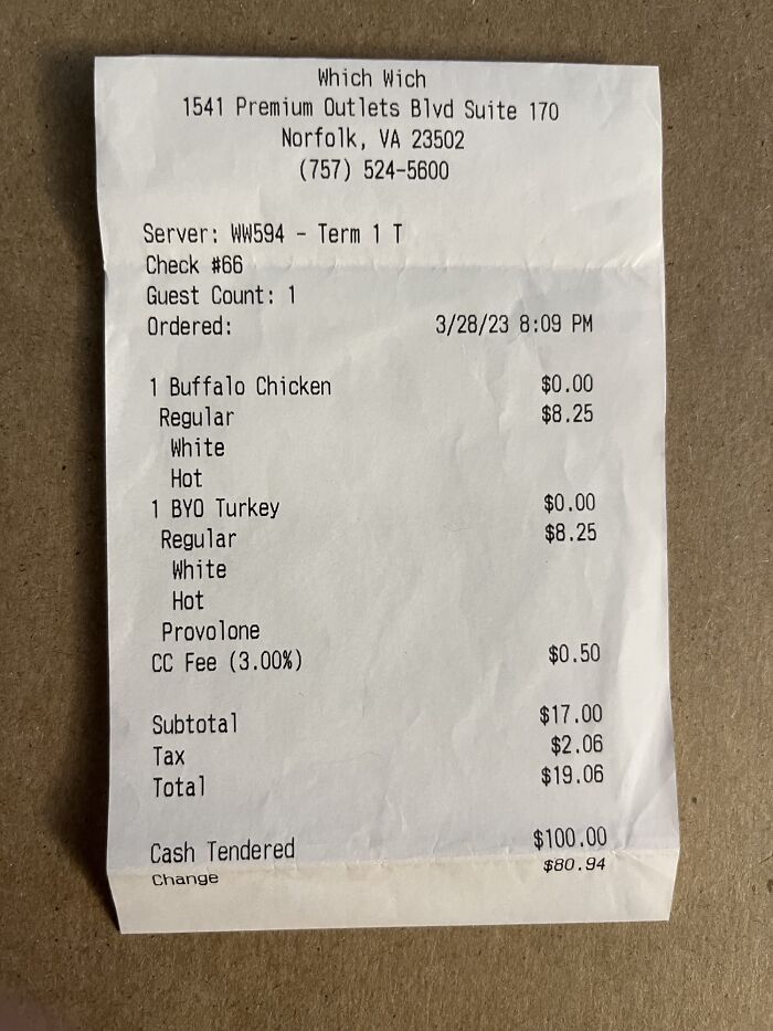 Receipt showing a ridiculous fee for a 3% credit card charge added on a sandwich order at a Norfolk restaurant.