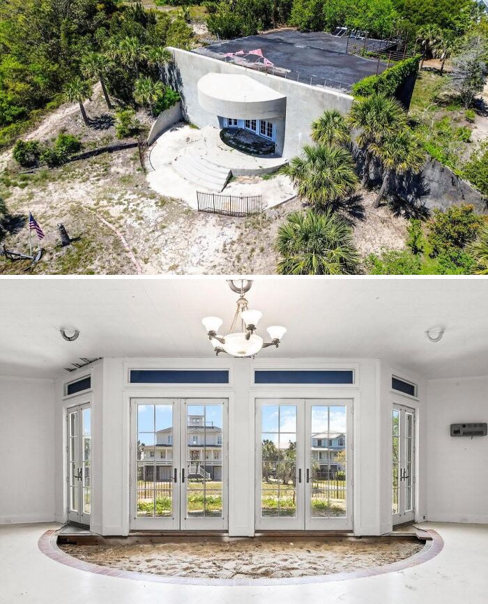 Aerial view and interior of a creative home design with a curved entrance and sunken floor that appears unfinished.