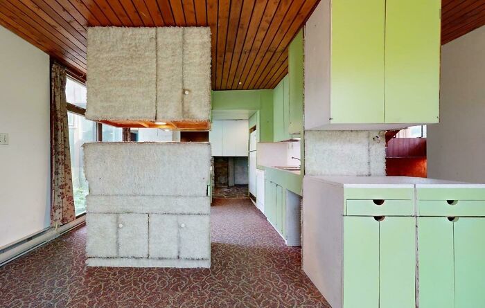 Unhinged real estate listing with outdated green cabinets and unusual carpet-covered kitchen partitions in dated home interior.