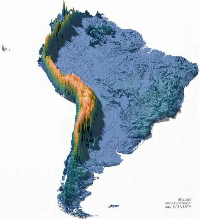 3D infographic of South America showing elevation data with vibrant colors, part of interesting infographics and data collection.