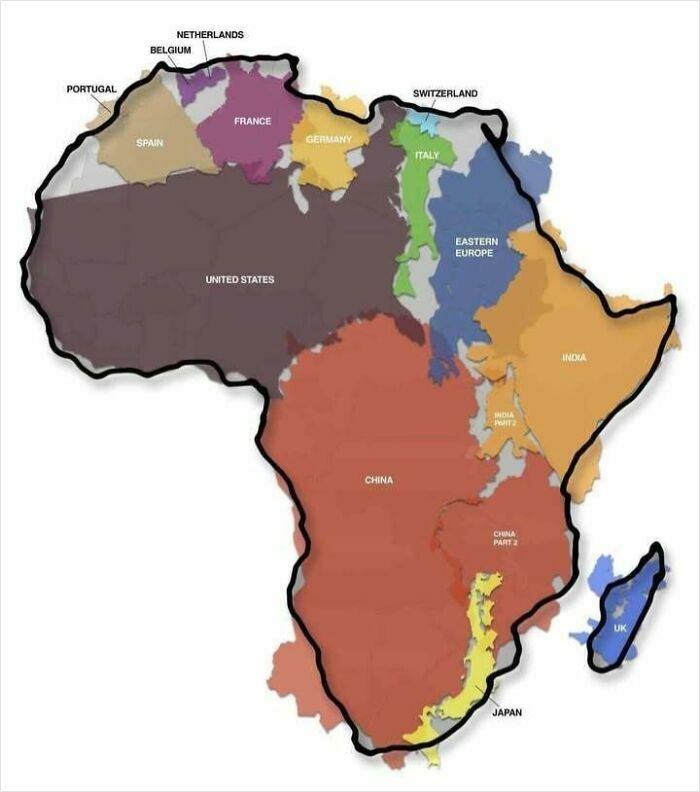 Map infographic comparing Africa’s size to countries like the United States, China, and India for perspective on data.