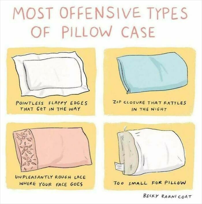 Illustration showing the most offensive types of pillow cases with captions in an interesting infographic style.