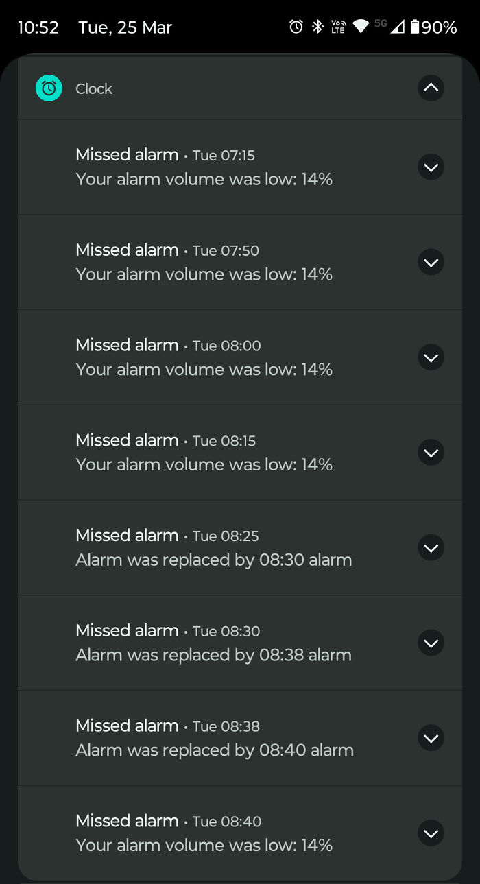 Multiple missed alarms on a phone with low volume and repeated replacements, illustrating a funny unfortunate situation.