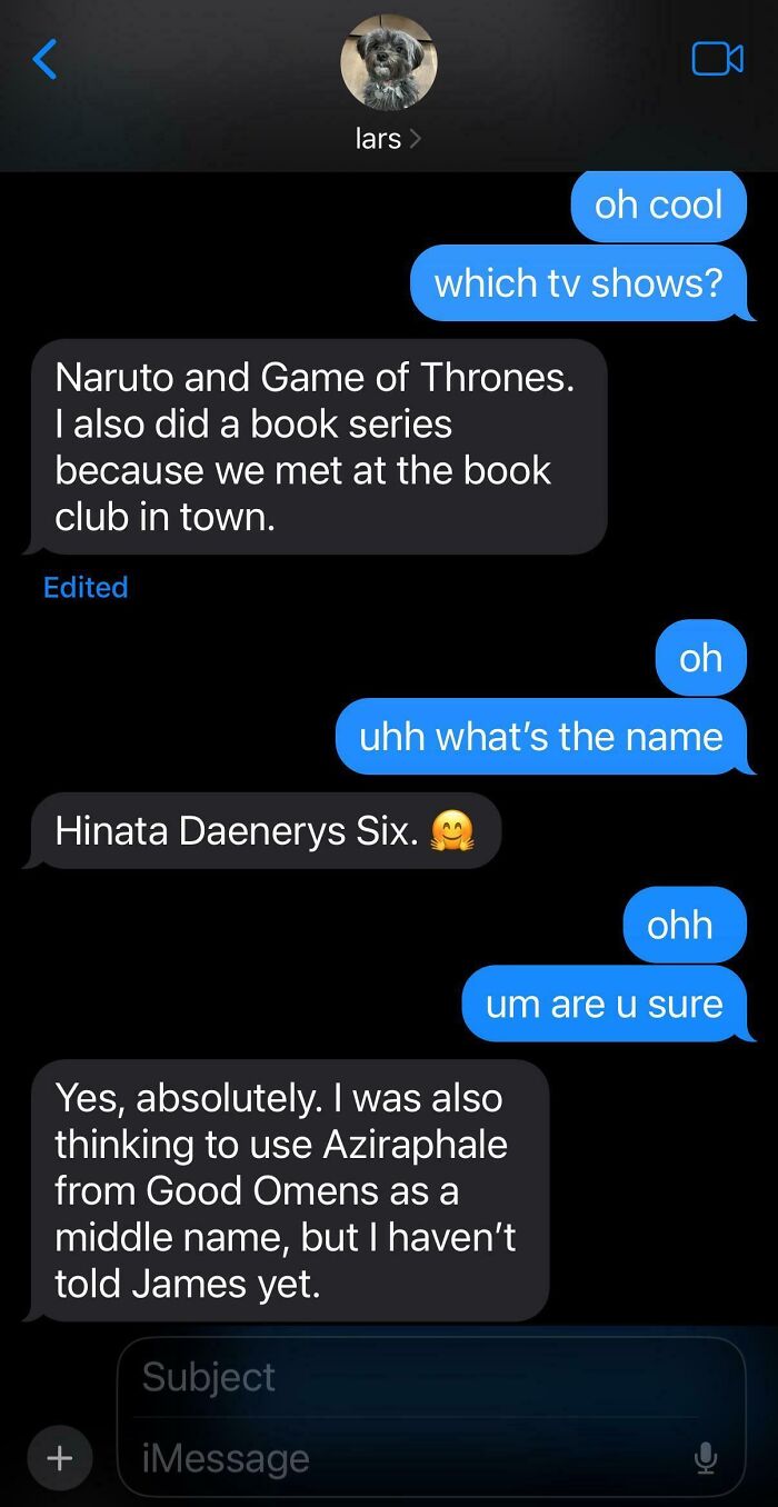 Text message conversation discussing unique baby names inspired by TV shows and books from Wednesdaigh Adams baby names list.