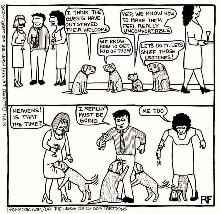 Comic showing dogs planning to make guests uncomfortable by sniffing crotches, capturing relatable dog owner humor.