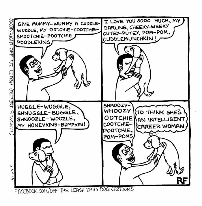 Comic from Off The Leash showing a woman humorously cuddling and talking to her dog with funny pet nicknames.