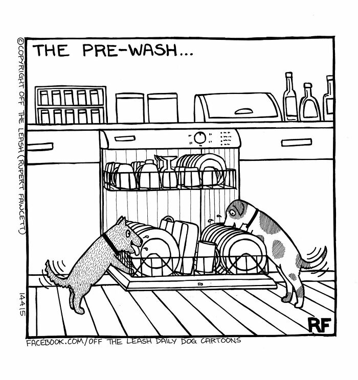 Two dogs opening a dishwasher filled with dishes in a humorous off the leash comic for dog owners to relate to.