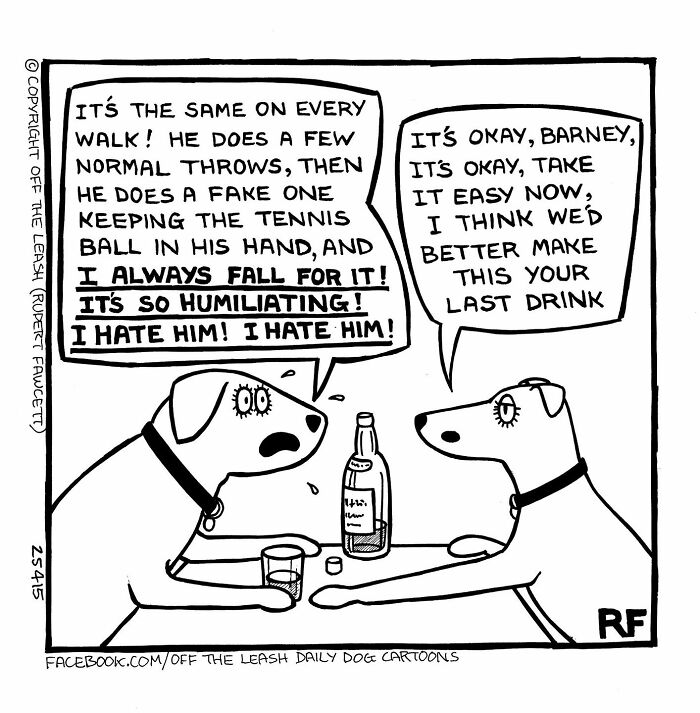 Two dogs at a table with a bottle and glass, one dog humorously frustrated about walk tricks in Off The Leash comics.