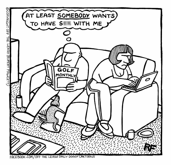 Cartoon of a dog owner reading a golf magazine while their dog seeks attention in a relatable off the leash comic.