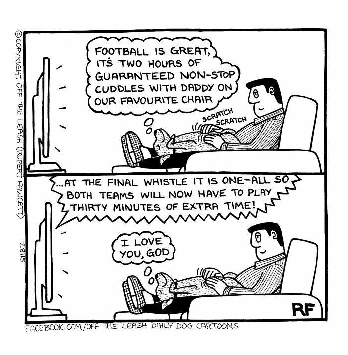 Comic strip showing a dog enjoying cuddles during football, relatable to dog owners from Off The Leash comics.