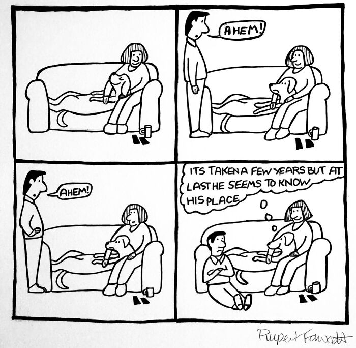 Comic strip showing a dog owner and dog on a couch with hilarious off the leash dog owner moments.