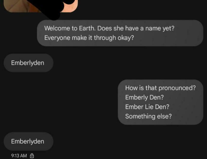 Text message conversation about a unique baby name Emberlyden, highlighting unusual baby names parents choose.