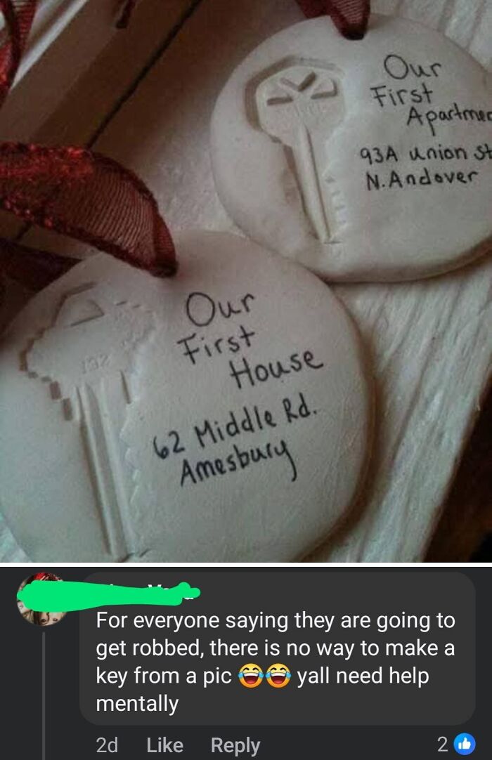Ornaments with addresses and key shapes alongside a comment shaming overconfident know-it-alls correcting others online.