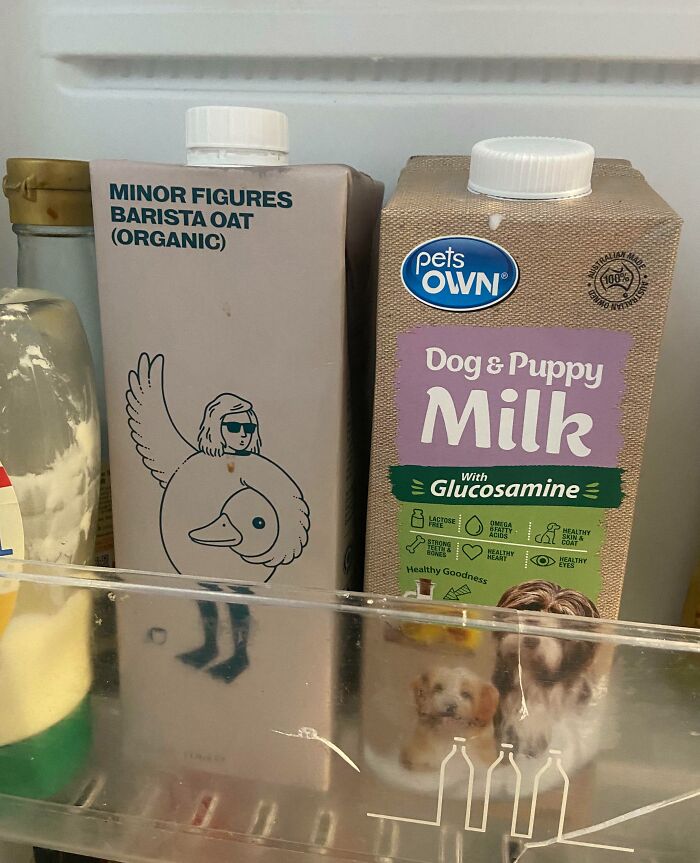 Carton of barista oat milk and dog milk side by side in fridge, showing clueless partner mix-up in daily groceries.