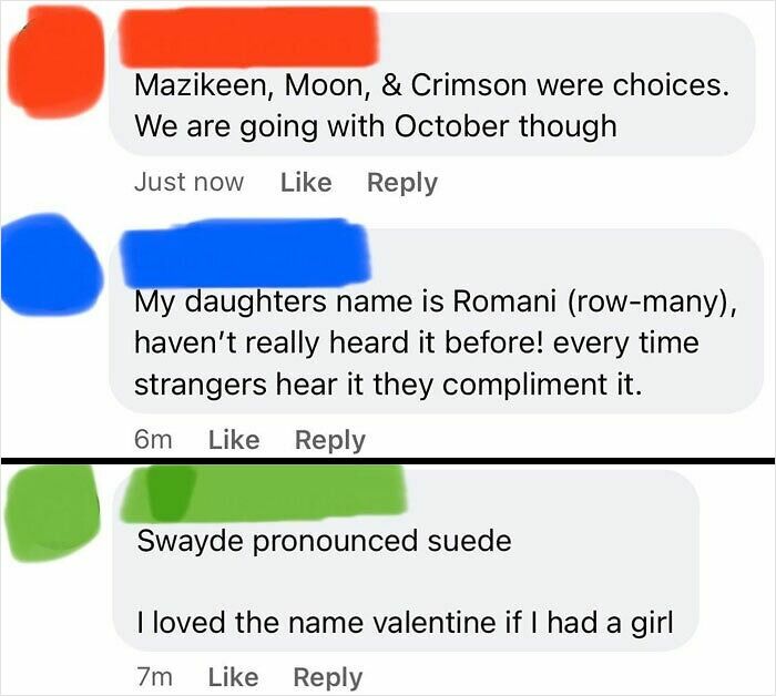 Comments showing unique baby names parents loved but others judged in a social media conversation.