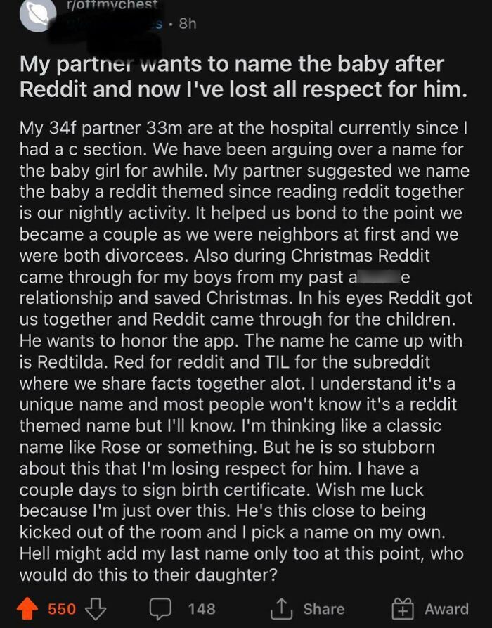 Couple arguing over unique baby names, including a Reddit-themed name, highlighting judged baby names parents loved.