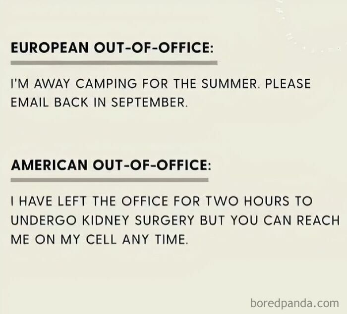 Funny work meme comparing European and American out-of-office messages with humorous cultural differences.