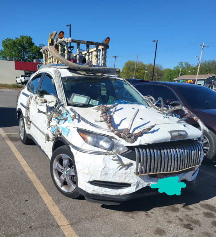 White car covered in tree branch and wood decorations, an example of outrageous car mods taken way too far.