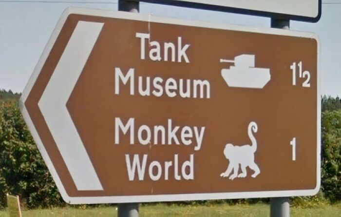 Road sign pointing to Tank Museum and Monkey World, captured as a blessed image to make you smile.