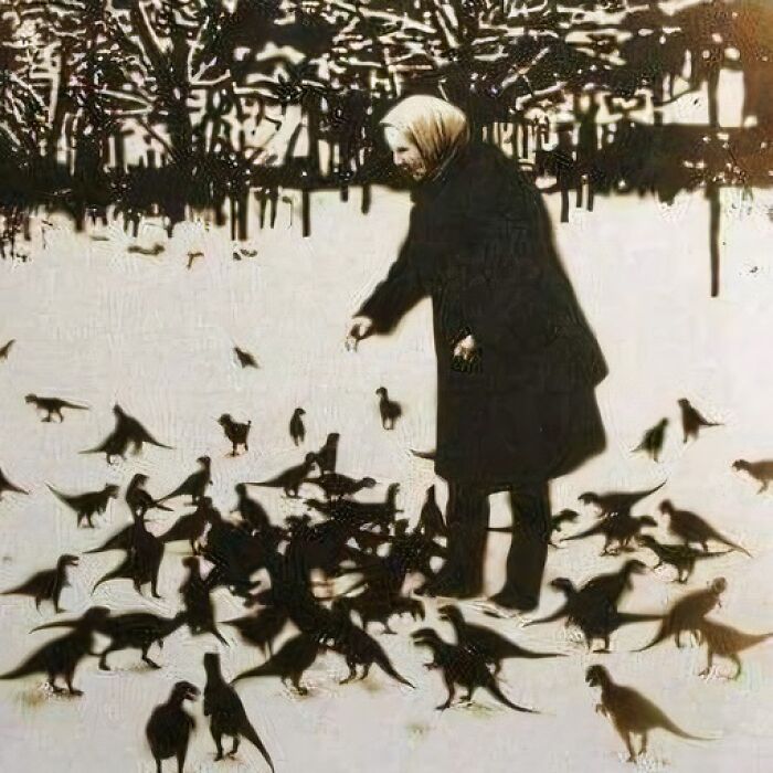 Elderly woman feeding birds in a snowy park, capturing a blessed moment to make you smile.