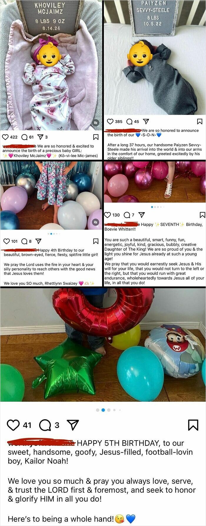 Photos showing unique baby names and birthday celebrations with babies and children surrounded by balloons and signs.