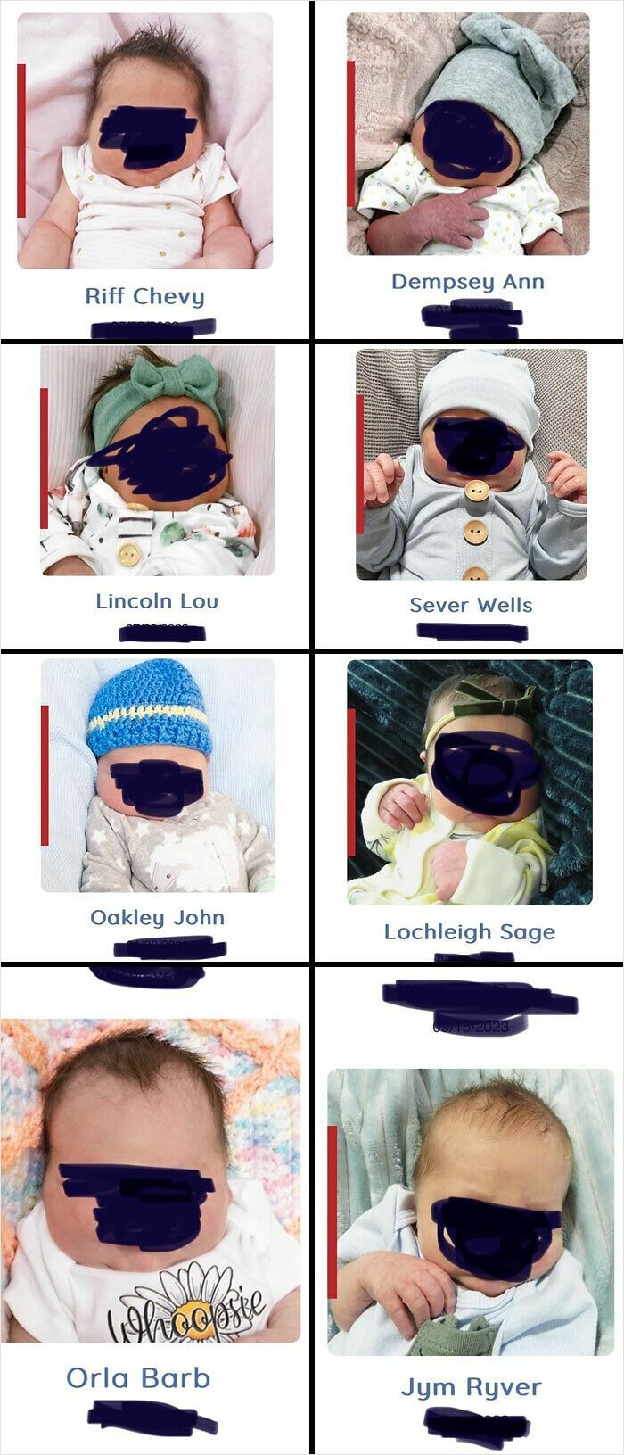 Eight babies with unique names like Riff Chevy and Lochleigh Sage, featured in wednesdaigh adams baby names list.