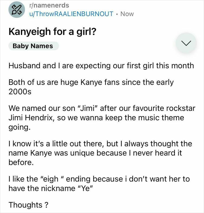 Reddit post discussing unique baby names with a music theme, focusing on Kanyeigh as a girl’s name choice.