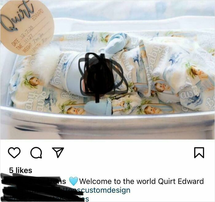 Newborn baby wrapped in custom printed blanket, showcasing unique baby names loved but judged by others.