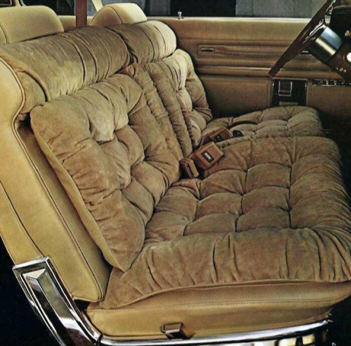 Vintage car interior featuring plush, tufted brown seating, showcasing a rare and cozy vintage thing design.