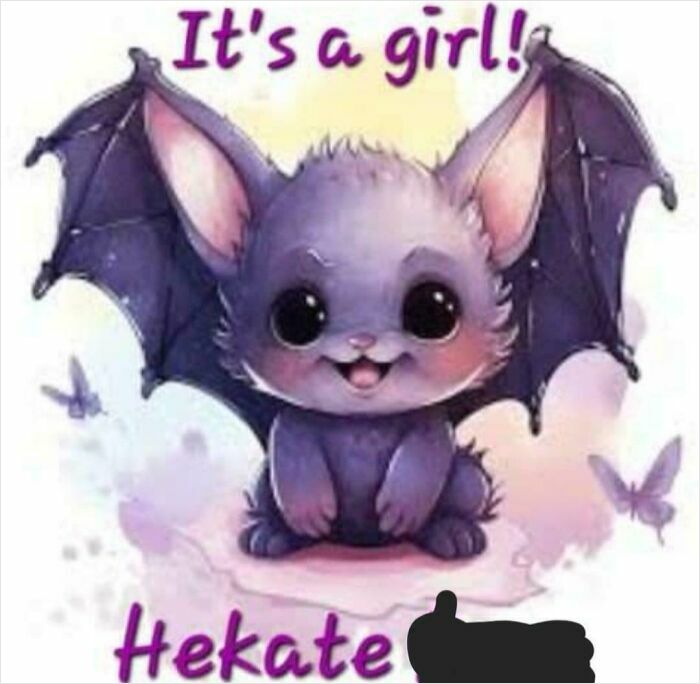 Cute baby bat illustration announcing a girl named Hekate, related to unique baby names parents loved but others judged.