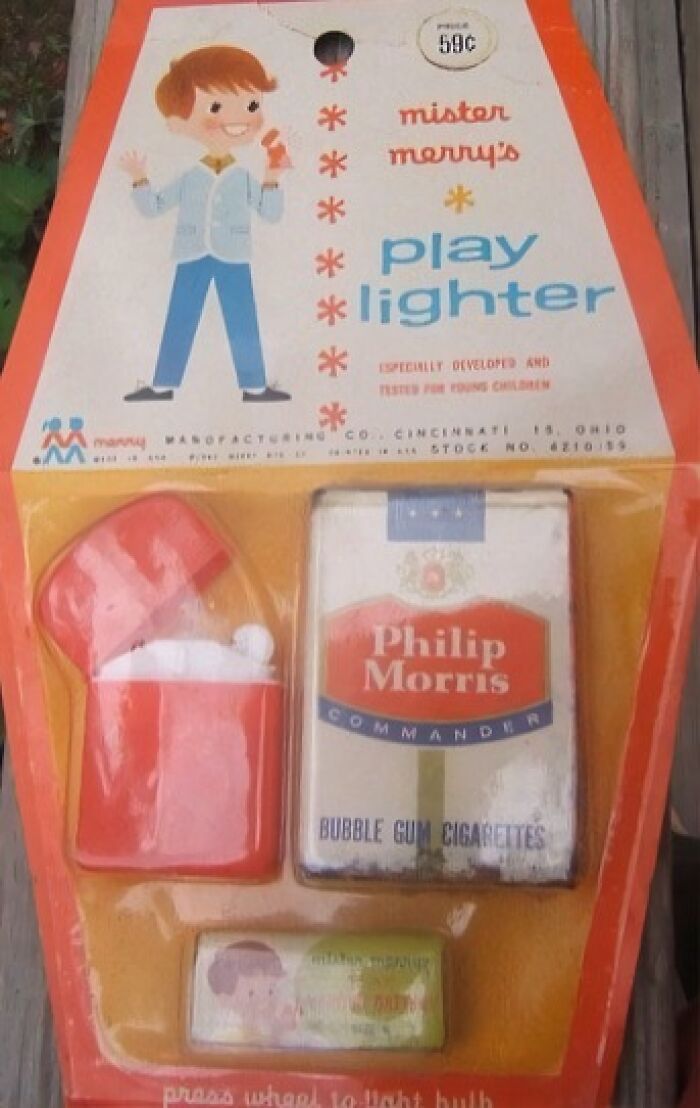 Vintage children's toy lighter set with Philip Morris bubble gum cigarettes, showcasing weird and wonderful vintage things.