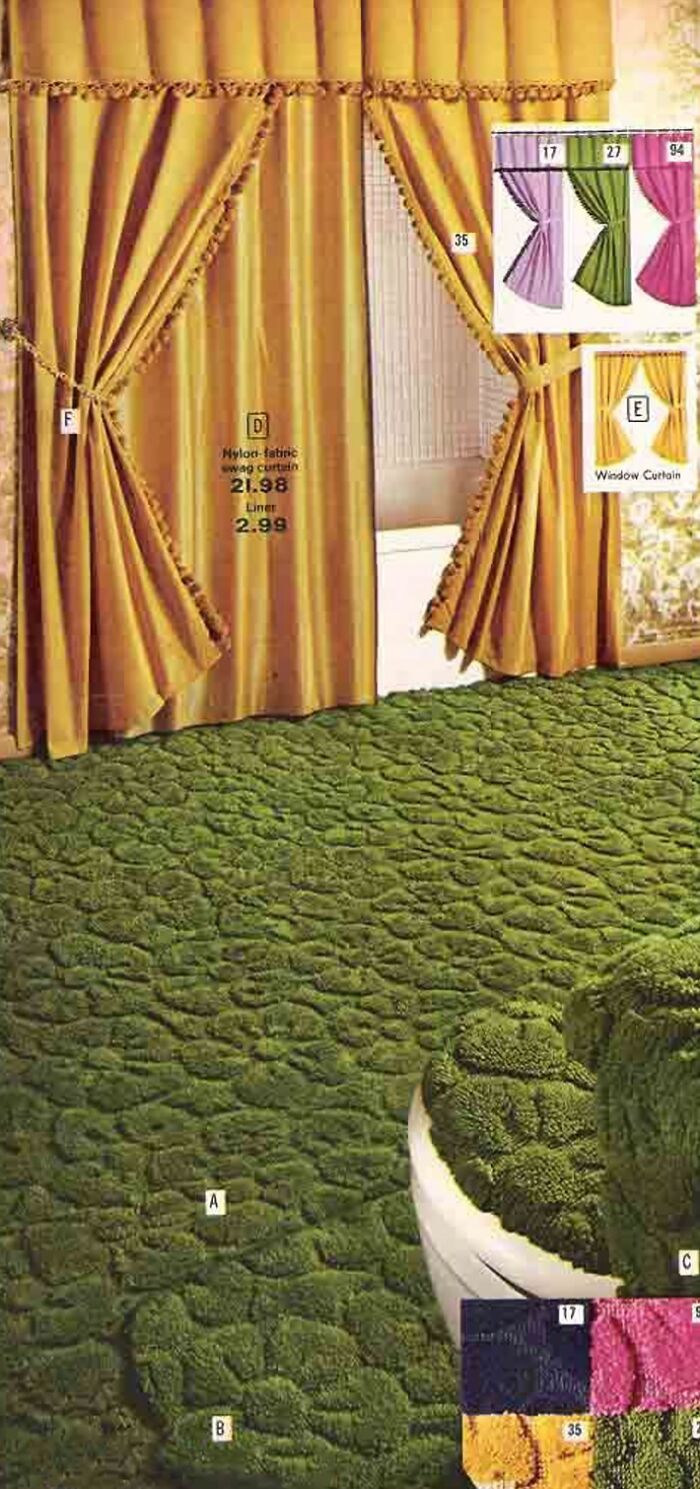 Vintage green s**g carpet and mustard yellow nylon fabric curtains from retro home decor catalog.