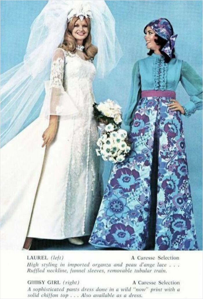Two women wearing vintage wedding and floral dresses showcasing vintage things in fashion from the past.