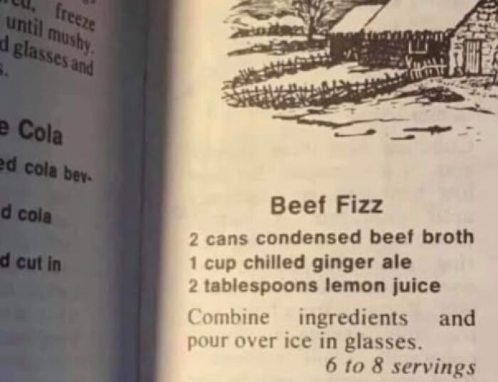 Open vintage recipe book showing an unusual vintage thing recipe for Beef Fizz with broth, ginger ale, and lemon juice.