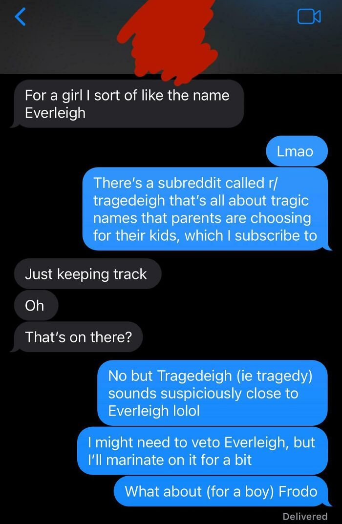 Text message conversation about baby names, mentioning Everleigh and tragic names parents choose, related to baby names topic.