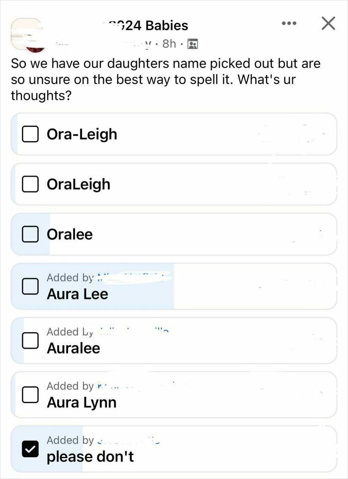 Poll about baby names with various spellings of Ora Leigh and responses in a parenting group discussing baby names.