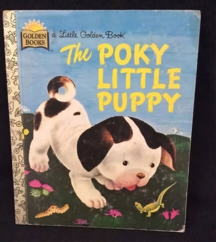 Vintage Little Golden Book The Poky Little Puppy with a playful puppy and colorful insects on the cover, a classic vintage thing
