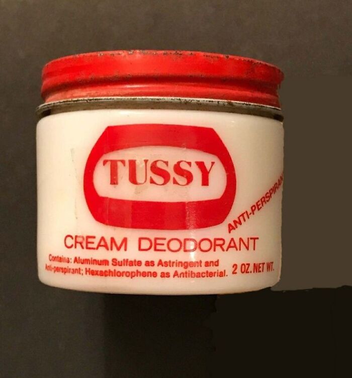 Vintage cream deodorant container with red lid and Tussy branding, showcasing unique vintage things from past decades.