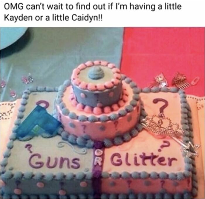 Gender reveal cake with pink and blue frosting, highlighting baby names and the theme of parent-loved but judged choices.