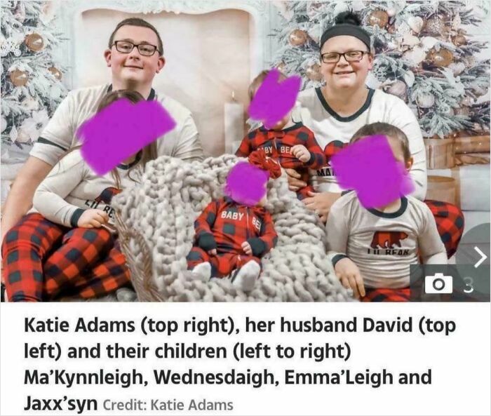 Katie Adams family in coordinated pajamas with unique baby names featuring Wednesdayaigh, posing in front of a festive holiday backdrop.