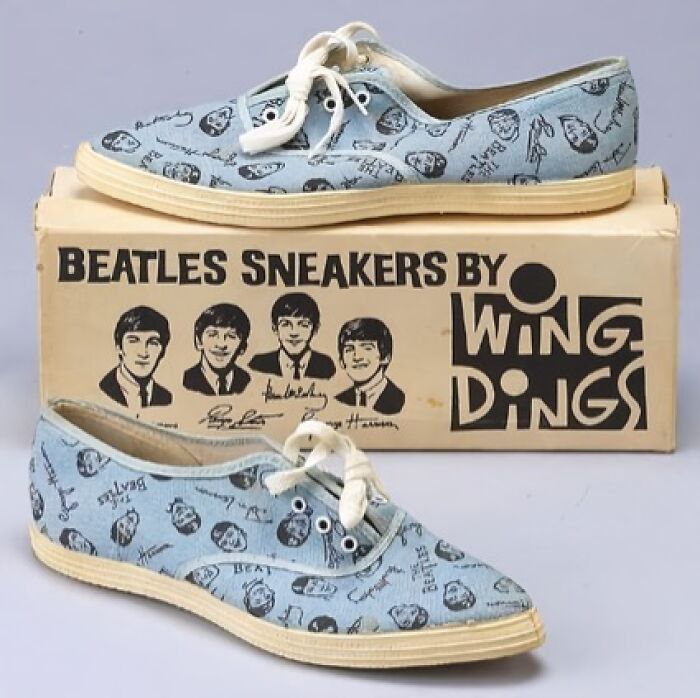 Vintage Beatles sneakers by Wing Dings with blue fabric and printed faces, a unique vintage thing collectible.