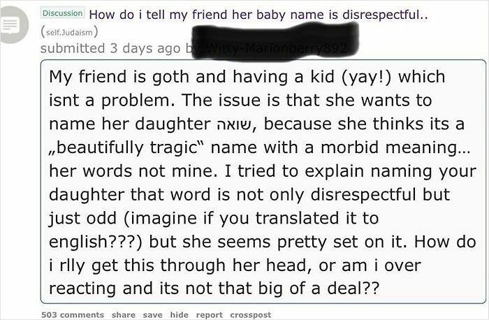 Parent discussion about unique baby names and judging uncommon choices including goth-inspired and controversial meanings.